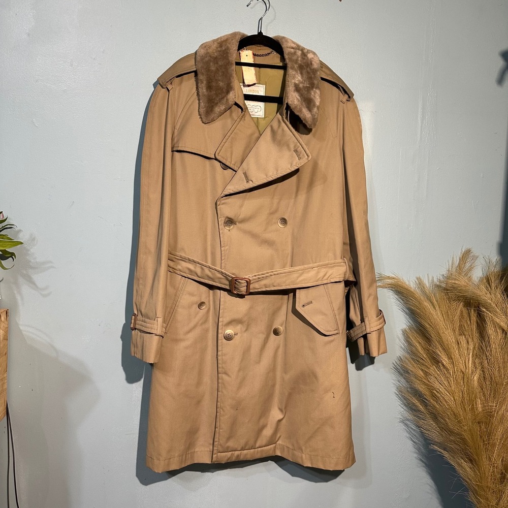 Vintage London Fog Mens Tan Trench Coat Faux Fur Collar Belted Khaki 40 Reg